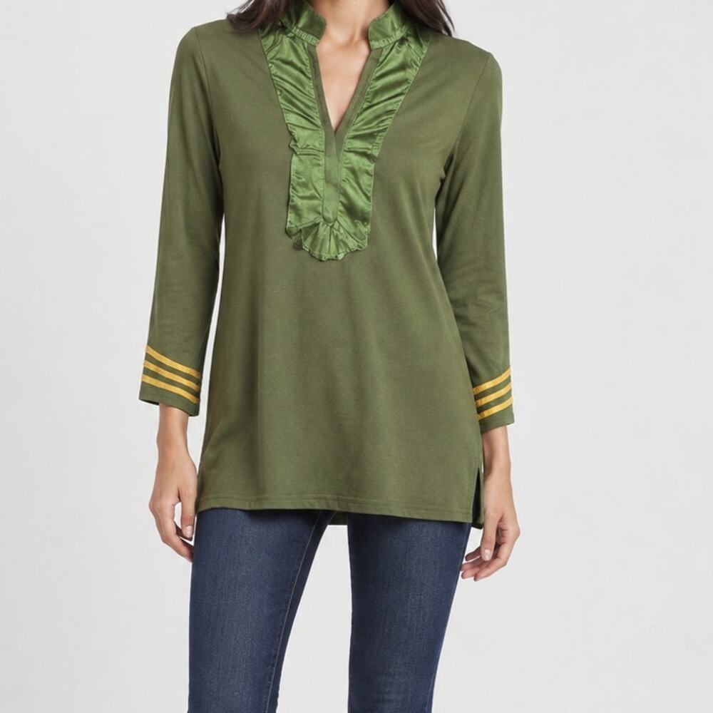 Sail to Sable Solid Louisa Tunic Top Ruffle Dress Dark Olive Womens Smal NEW